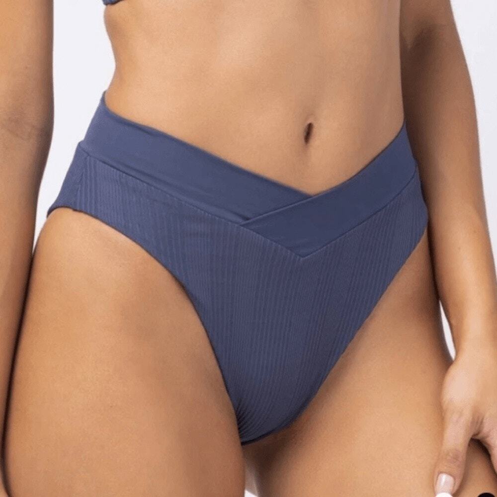 L*Space Court Slate Crossover V Waist Ribbed High Leg Bikini Swim Bottoms XS